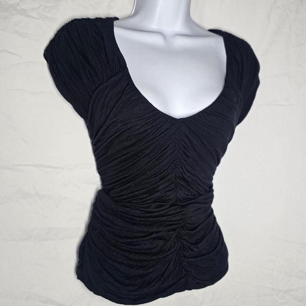 vintage y2k ruched v neck gothic form fit black short sleeve top
